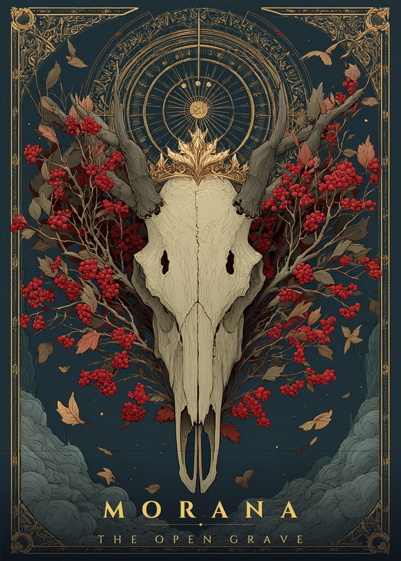 The MORANA card back: a crowned stag skull wreathed in red rowan beneath the turning wheel, with the MORANA wordmark