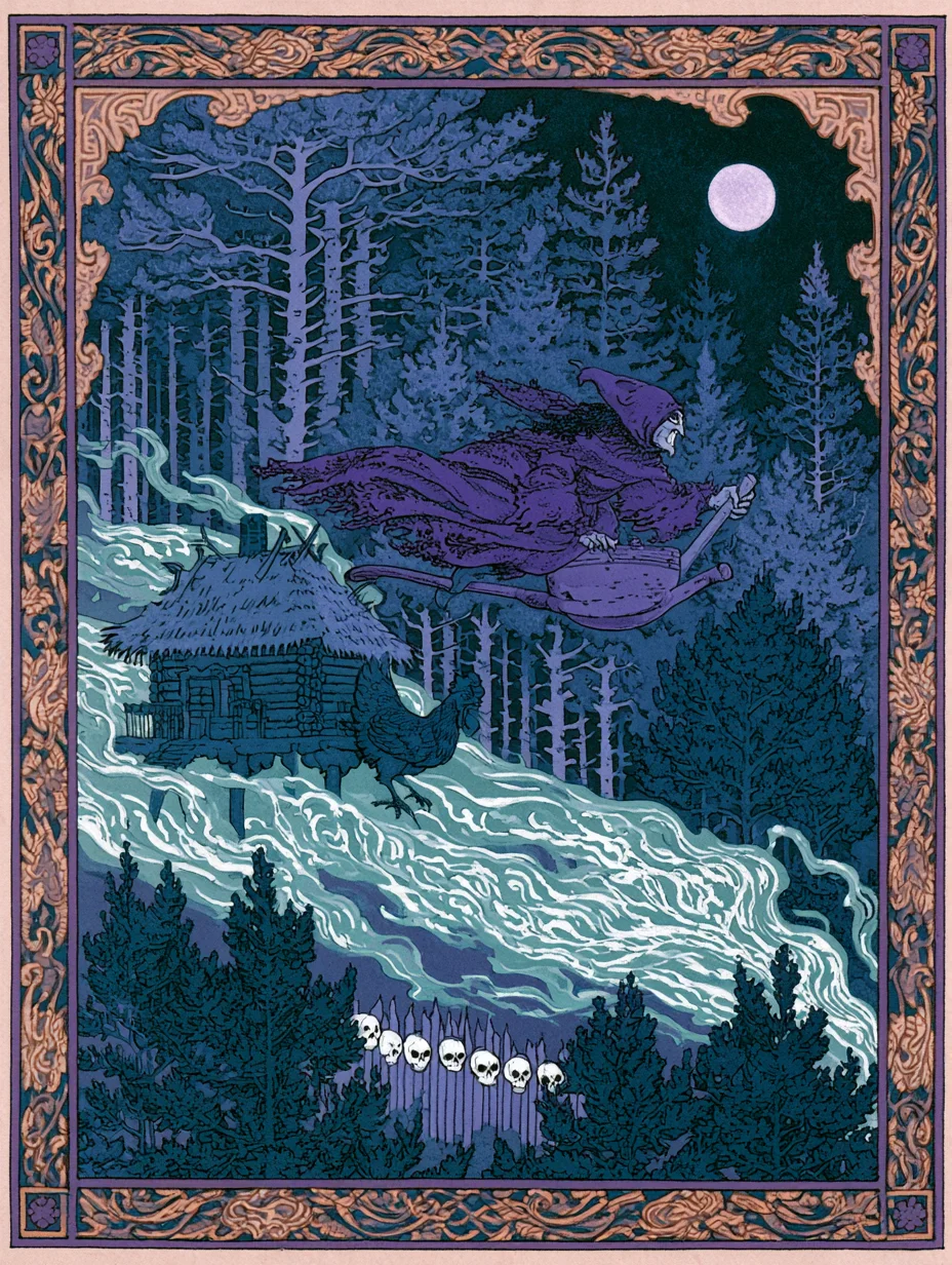 Baba Yaga in furious flight through the midnight pines, riding her mortar, her hut sprinting behind her on chicken legs past a fence of skull lanterns