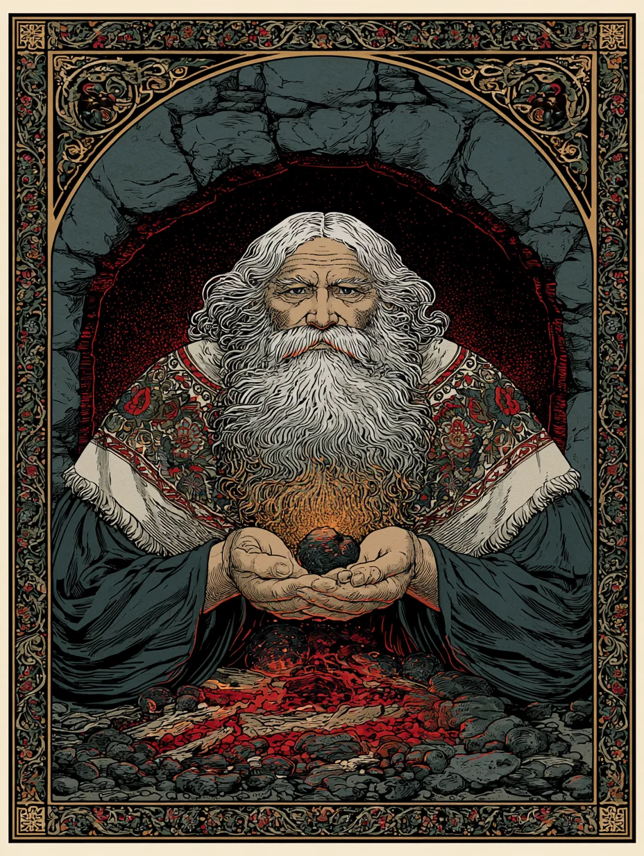 Dedushka the Hearthkeeper cradling a single glowing ember in cupped hands before the stone hearth