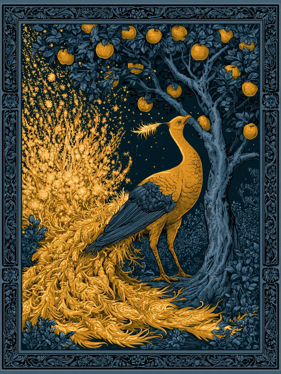 The Firebird waking in the tsar's midnight garden, a cascade of golden flame beneath the golden apples