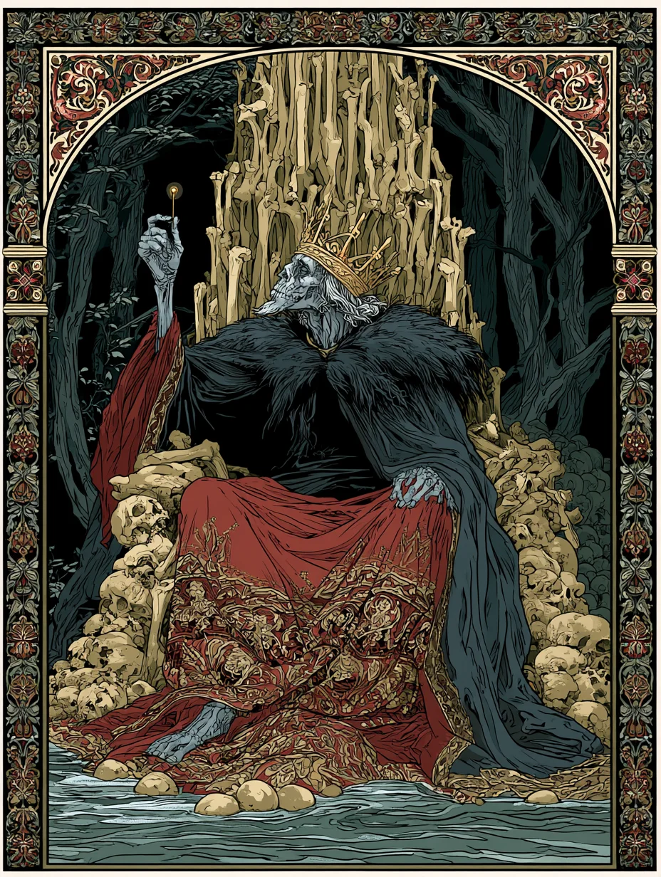 Koschei the Deathless on his towering bone throne, raising the tiny needle that holds his death