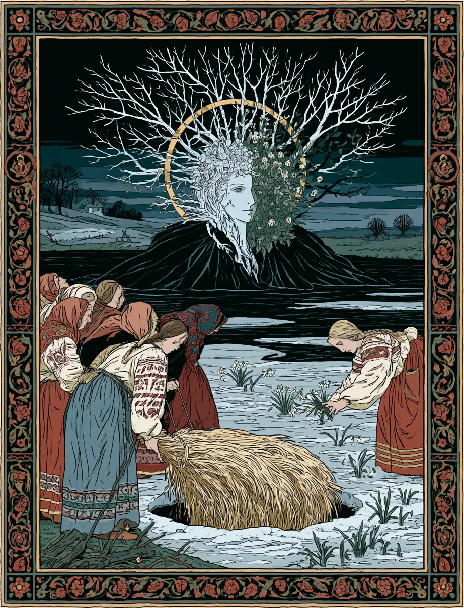 The drowning of Marzanna: villagers lower the straw effigy through the river ice while the true goddess Morana rises behind them, crowned in bare branches with a gold halo