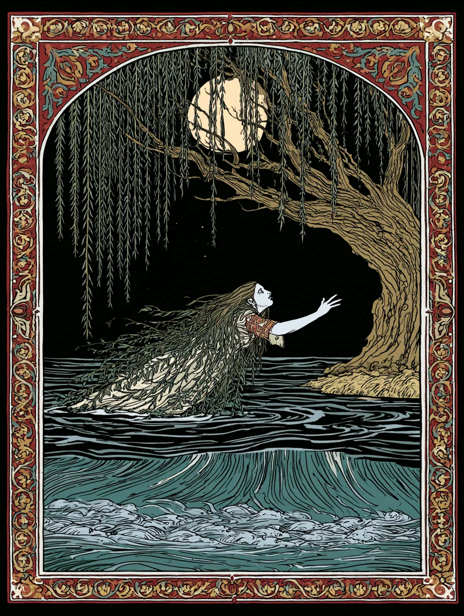 A Rusalka rising from black midnight water beneath a drowned willow, beckoning under the moon