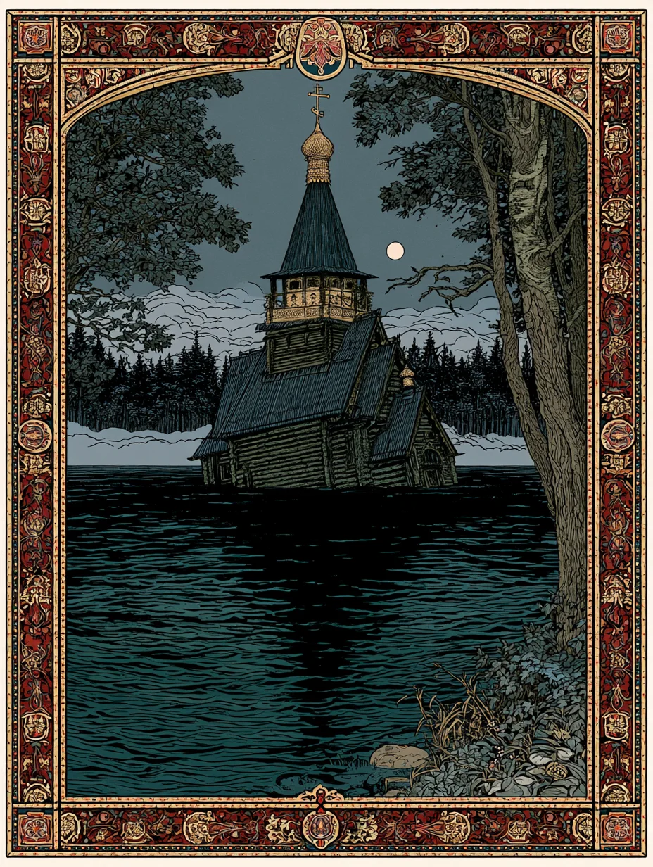 The Sunken Church: a half-drowned wooden church with an onion-dome spire rising from a still grey lake