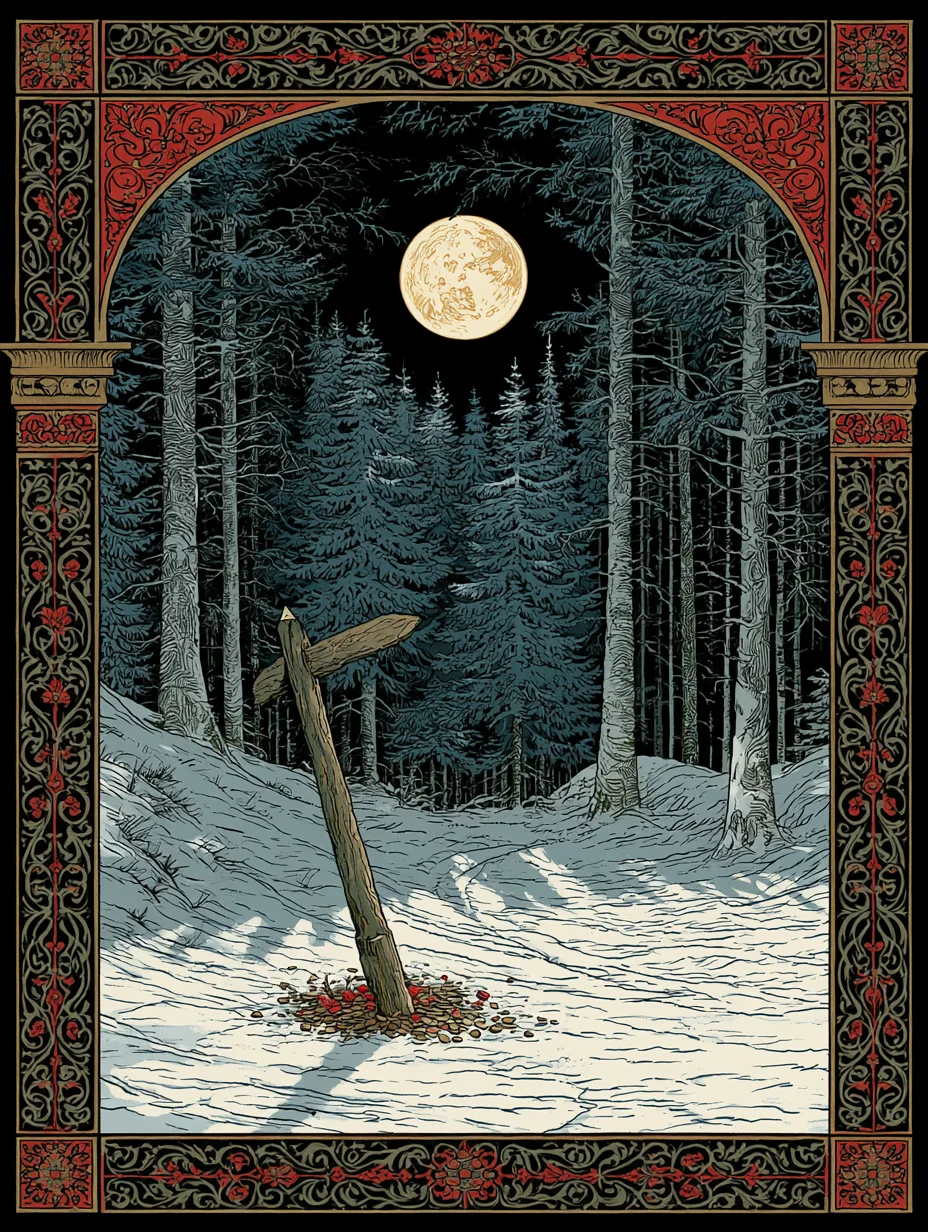 The Crossroads at Midnight: a leaning wooden marker at a moonlit forest fork, offerings left in the snow