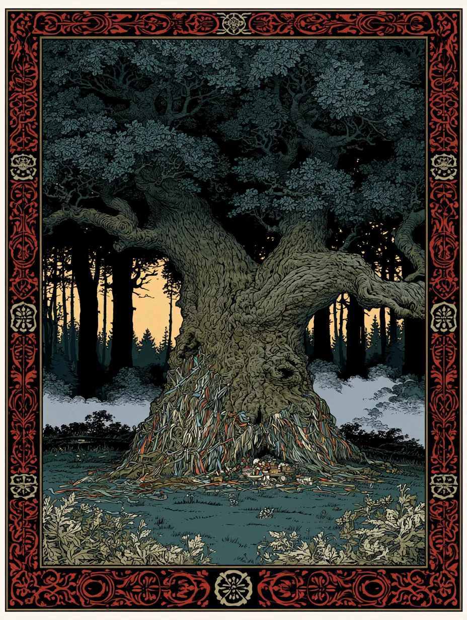 The Old Oak: a colossal sacred oak skirted with votive ribbons and offerings, dawn light behind the pines