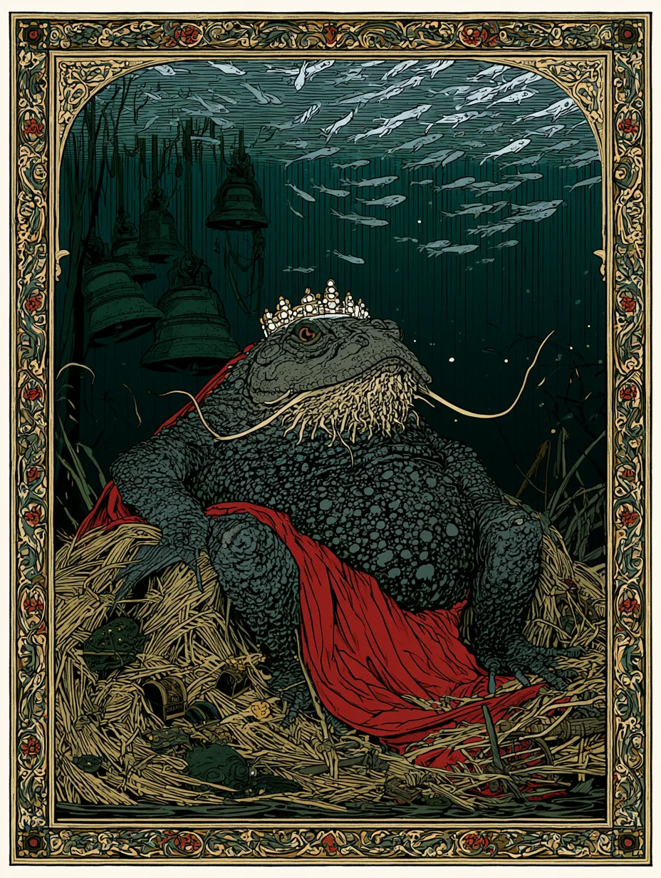 The Vodyanoy Deep King holding court beneath the river, crowned with river pearls among drowned church bells