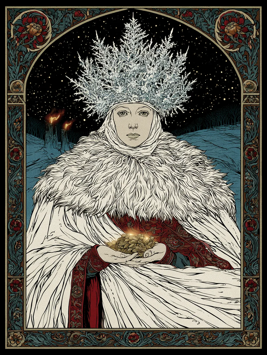 Matushka Zima, Mother Winter, in white furs and a frost crown, holding the sleeping seeds that will live to see the spring