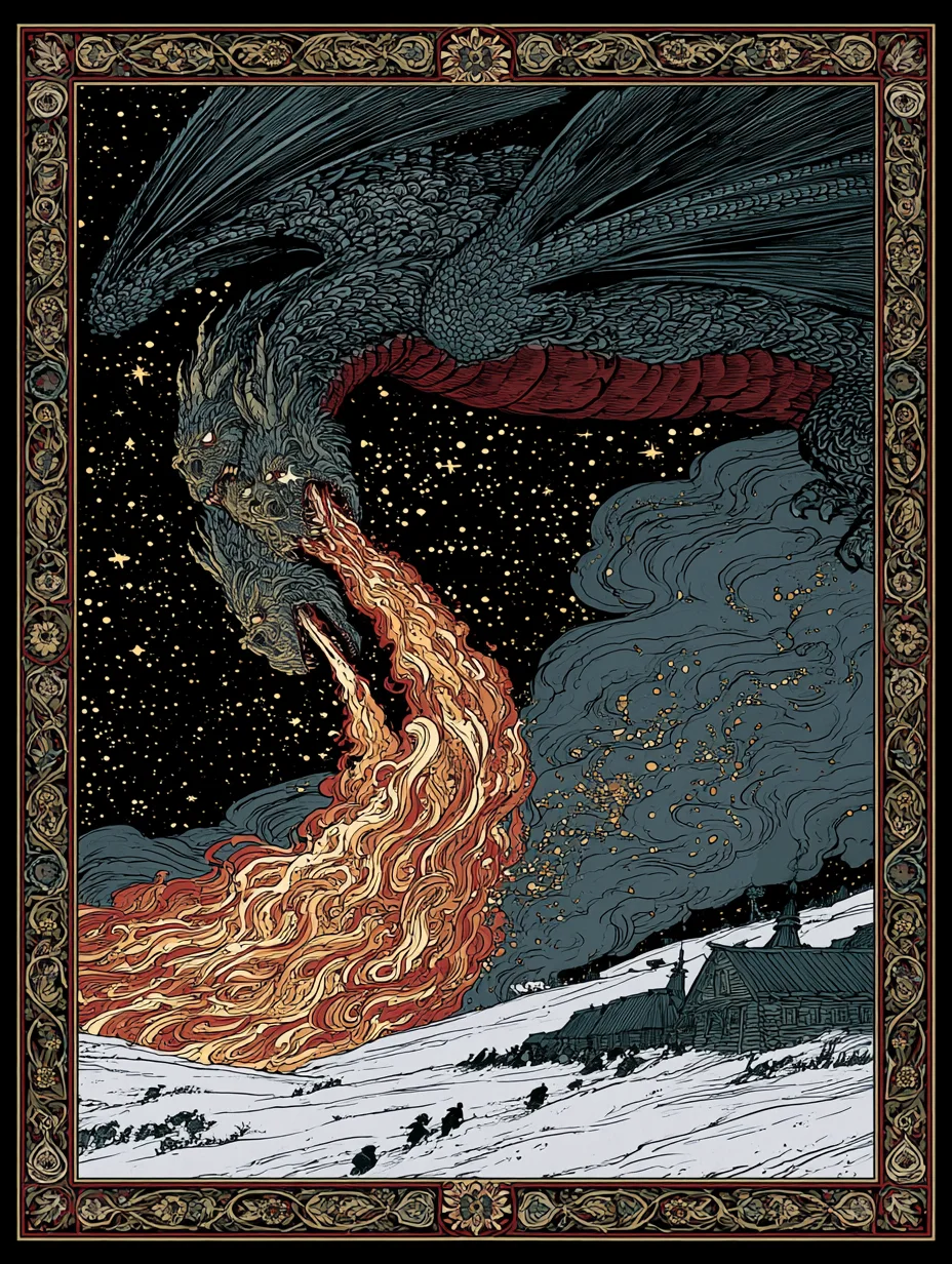 Zmey Gorynych descending through the night sky, torrents of flame braiding down onto a burning steppe village