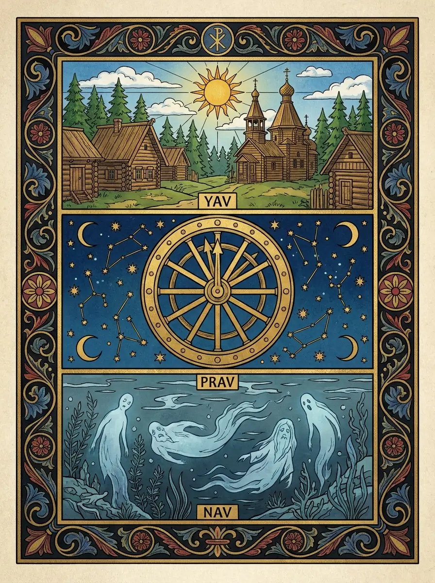 The three worlds: Yav the sunlit living village, Prav the golden turning wheel among the stars, and Nav the underworld of drifting spirits
