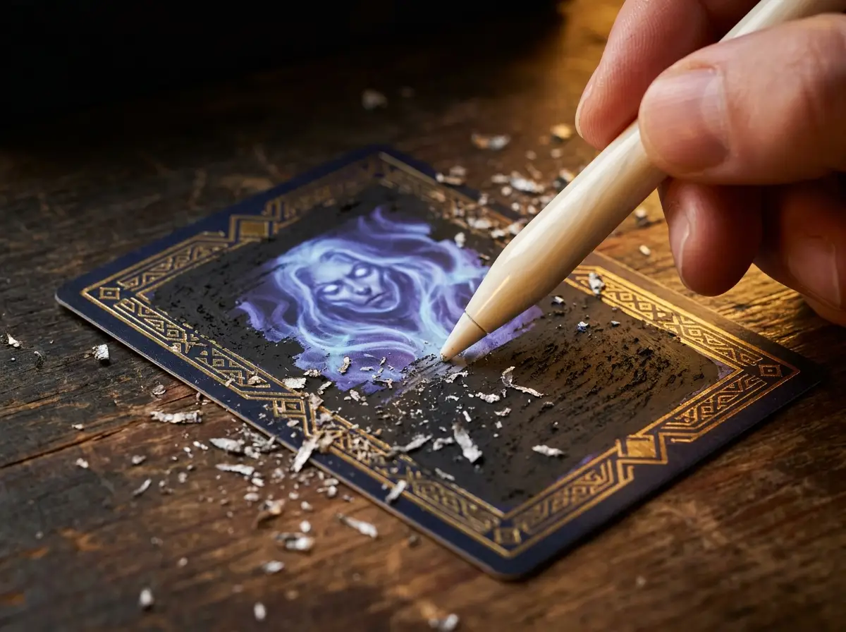 A hand scratching the grave-ash from a MORANA card to reveal its glowing underworld face