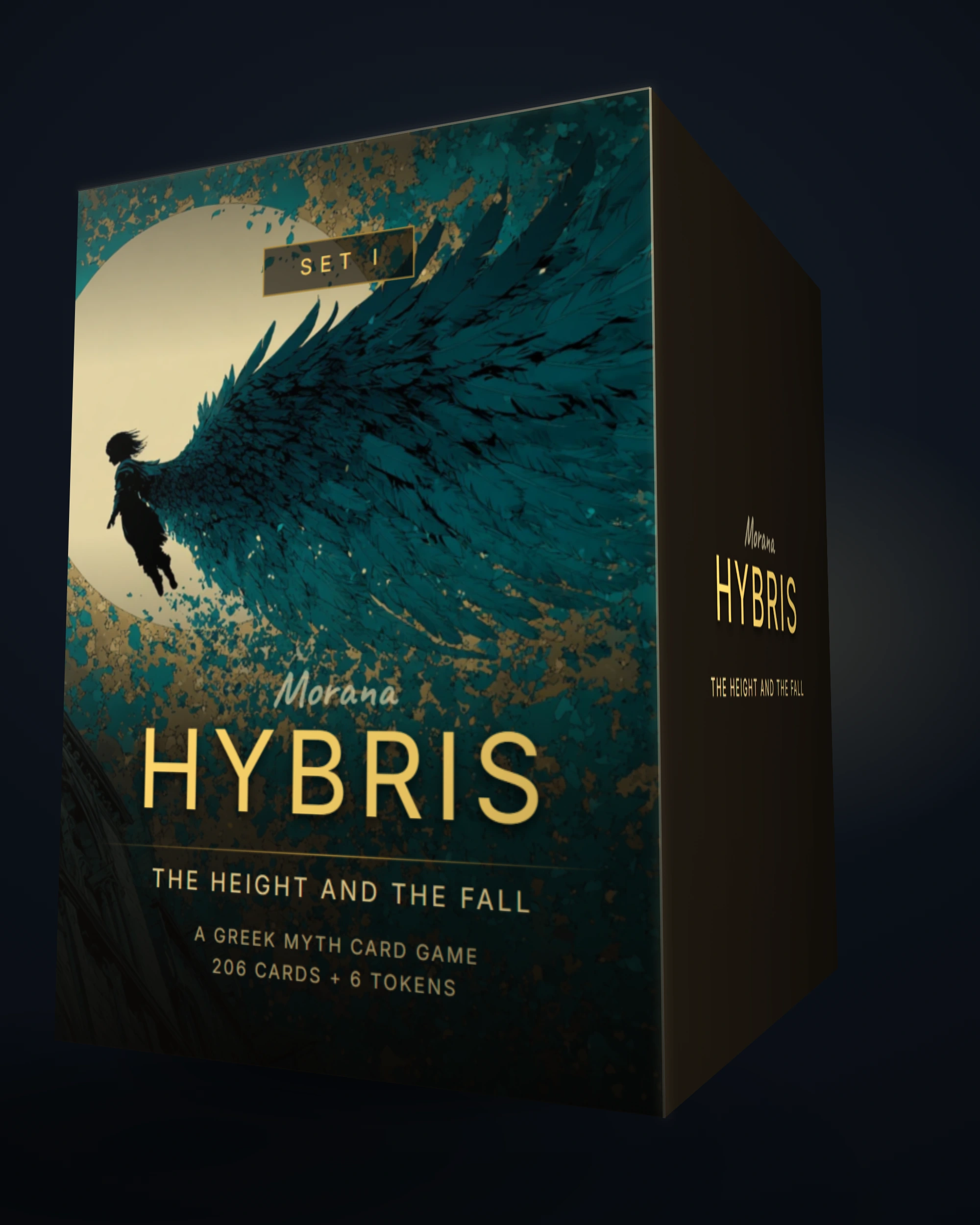 The HYBRIS box: a winged figure falling across a gold sun on deep teal, marked SET I, with the words The Height and the Fall and 206 cards plus 6 tokens