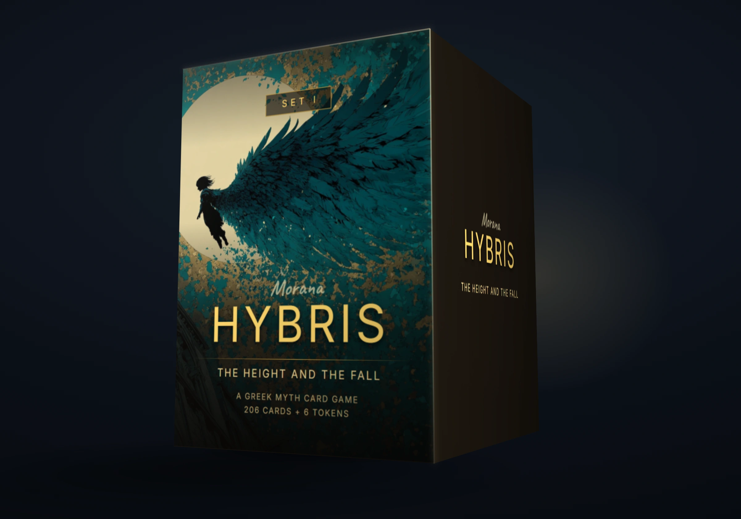 The HYBRIS box: a winged figure falling across a gold sun on deep teal, with the Set I mark and the words The Height and the Fall