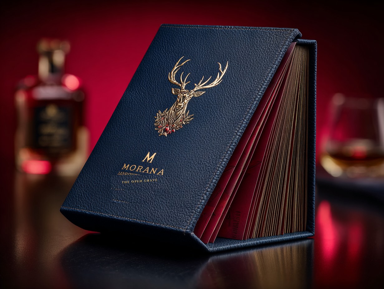 The Chronicle Album: a navy leatherette hardcover with gold gilt edges and an embossed gold turning-wheel emblem