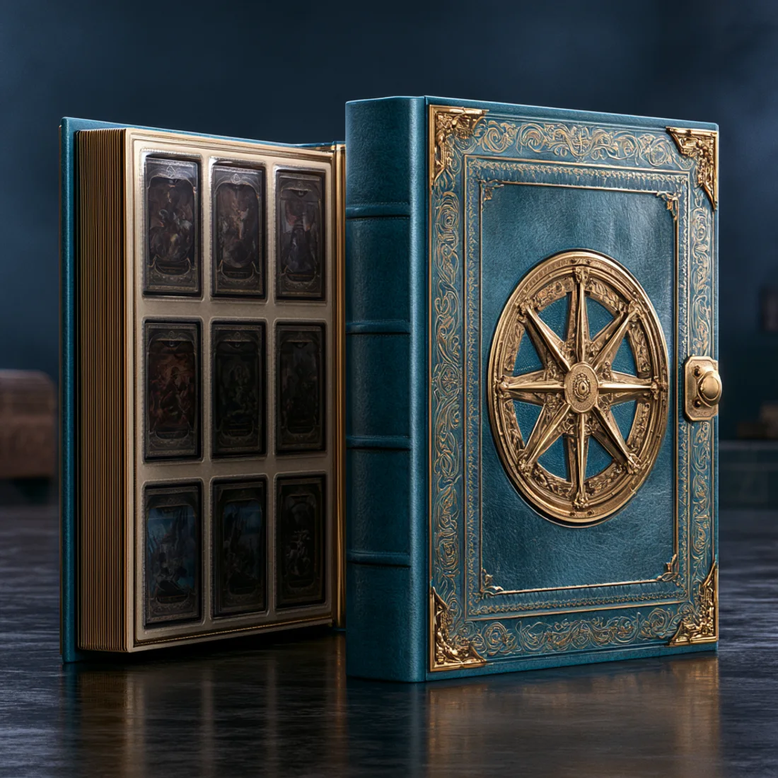 The Chronicle Album: teal leather binder, gold wheel, nine-pocket pages