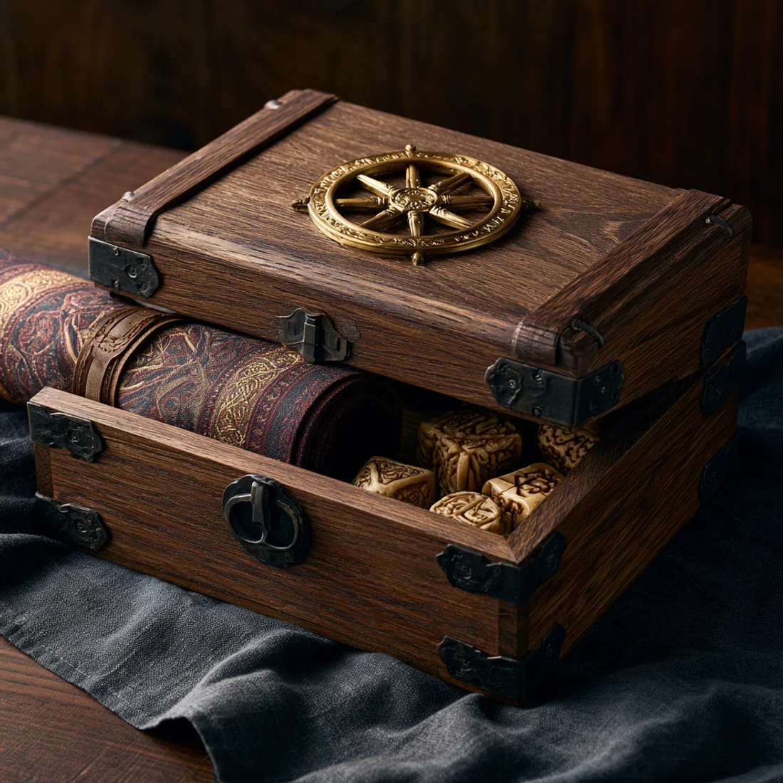 The Ancestor heirloom chest: carved oak, gold wheel inlay, playmat and bone dice inside