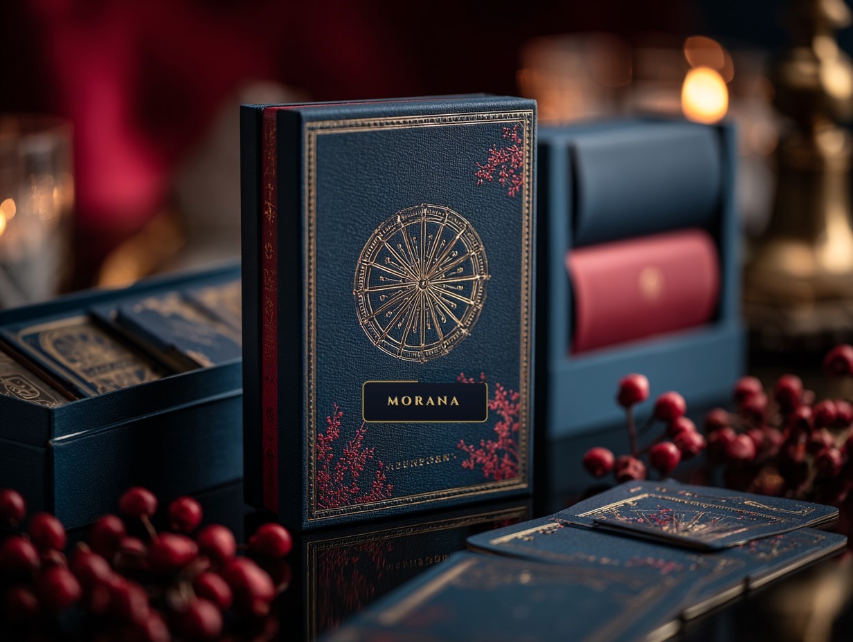 The Turning Wheel collector box in navy leatherette with gold foil edges and a large embossed gold turning-wheel medallion on the lid