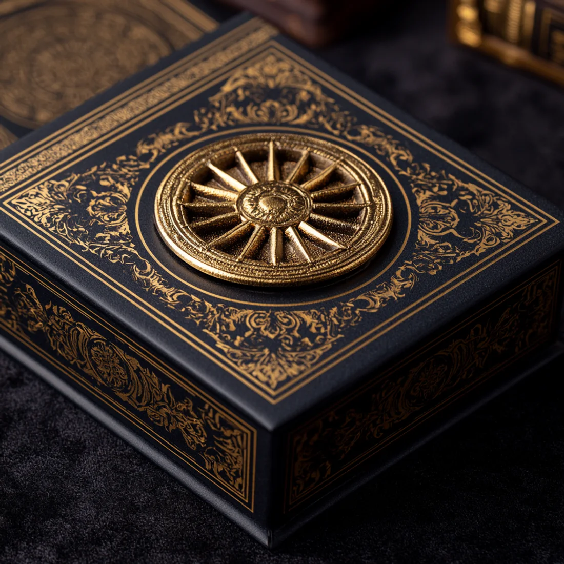 The Turning Wheel collector box: matte black with the gold wheel medallion