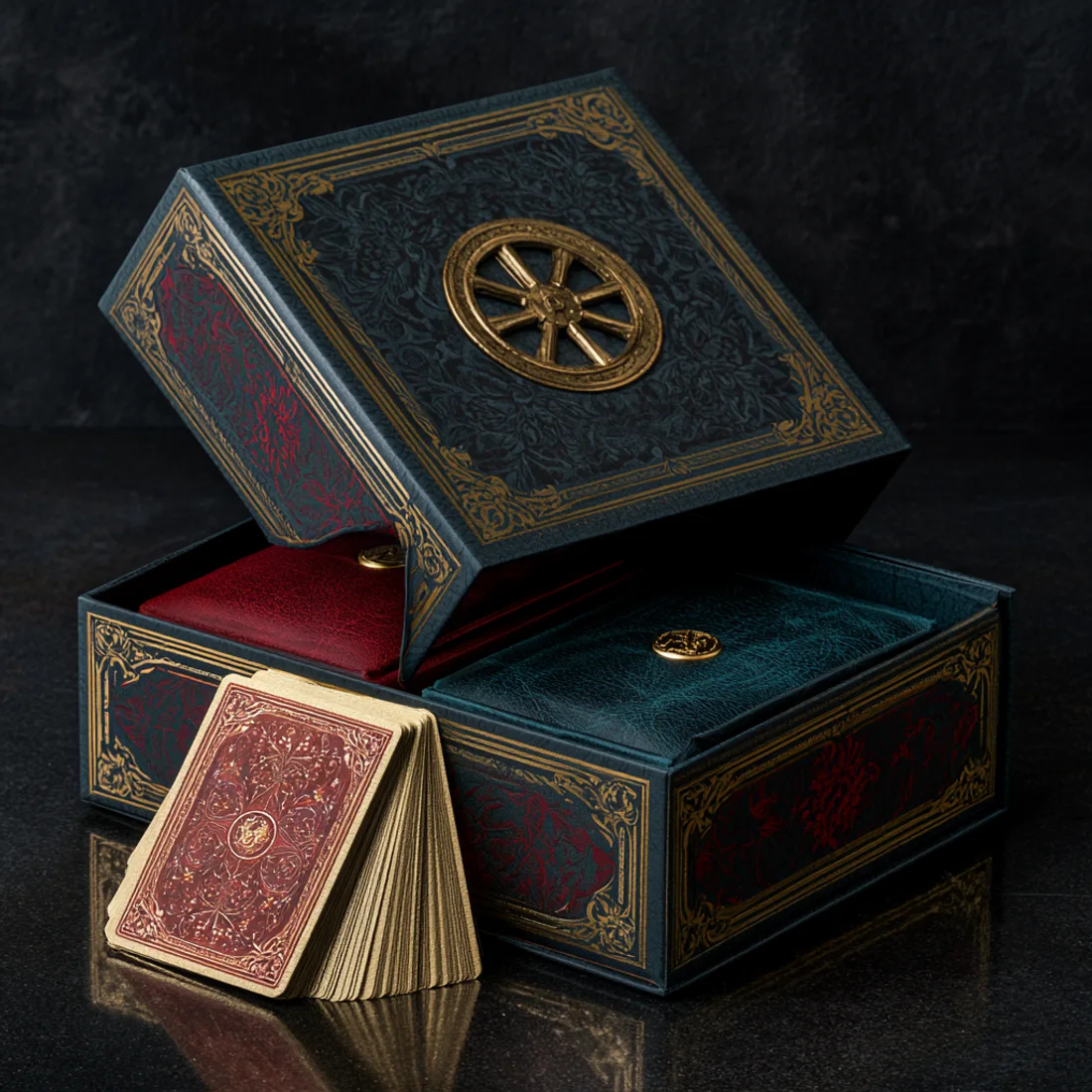 Warden's Box deluxe: the magnetic lid open over the hearth-red and deep-teal deck boxes