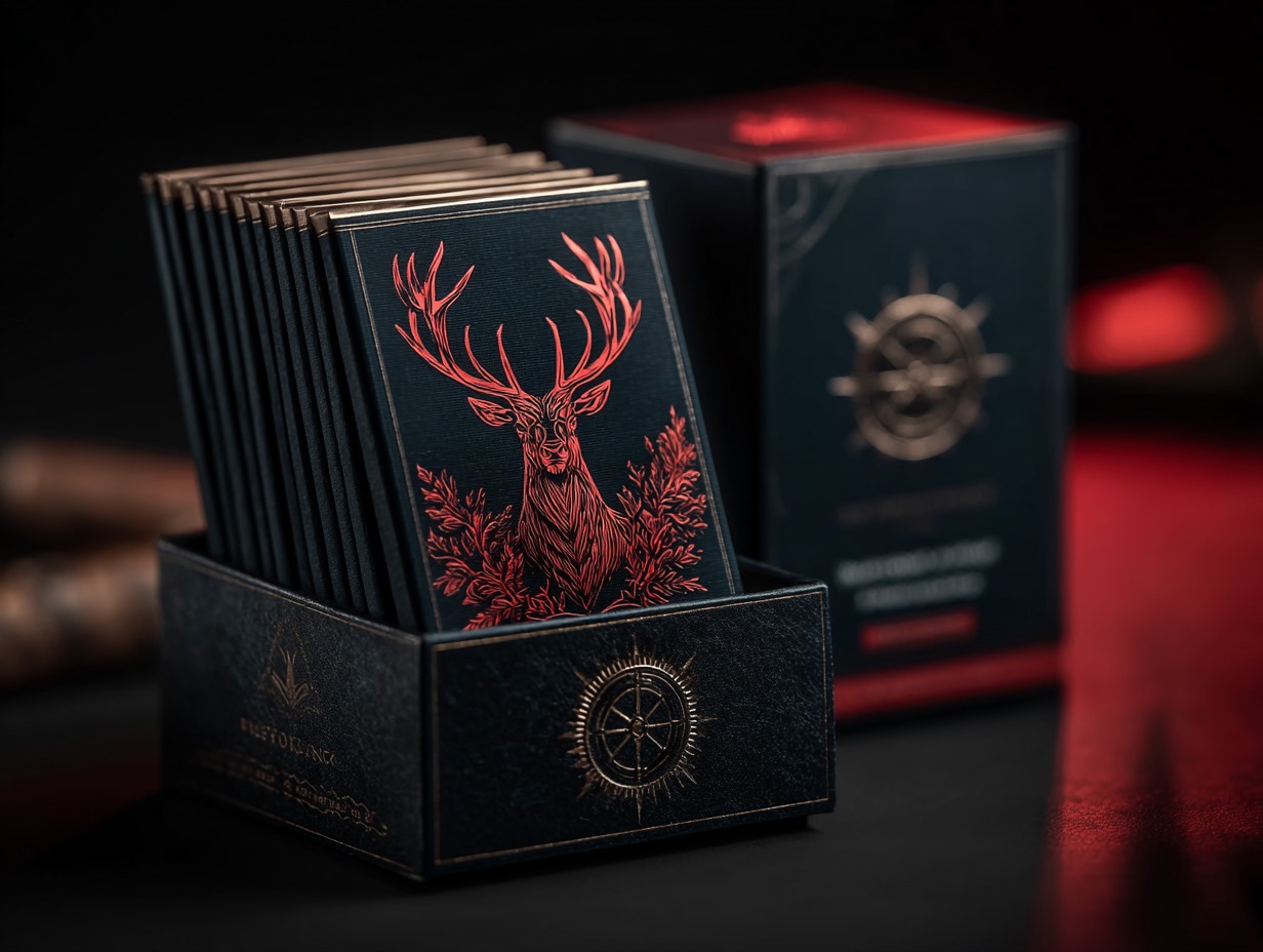 The Sacred Grove retail counter display: a tray of midnight-navy foil packs with the red stag, a gold wheel on the tray front