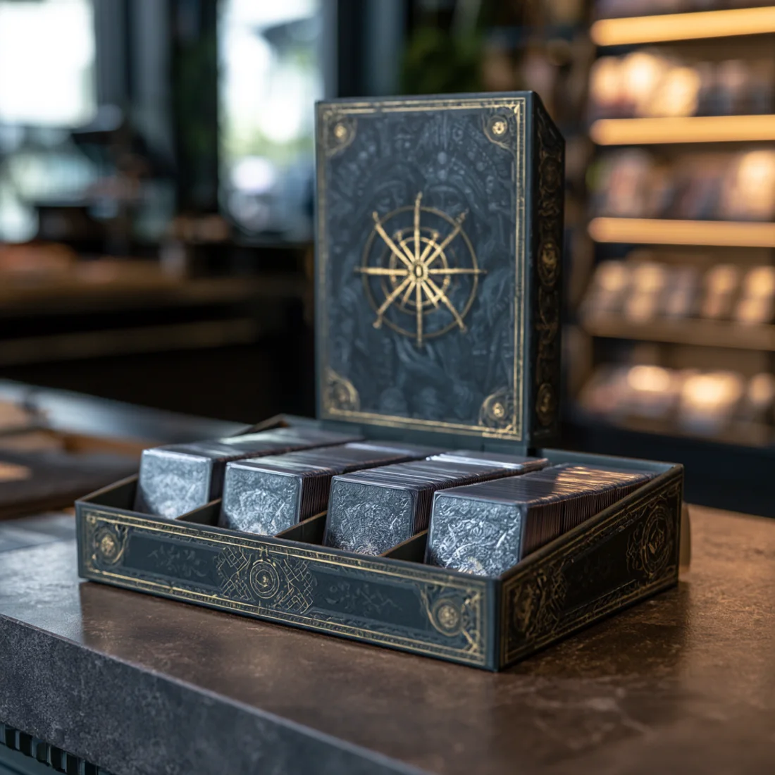 The Sacred Grove retail display: rows of sealed foil packs in the counter tray