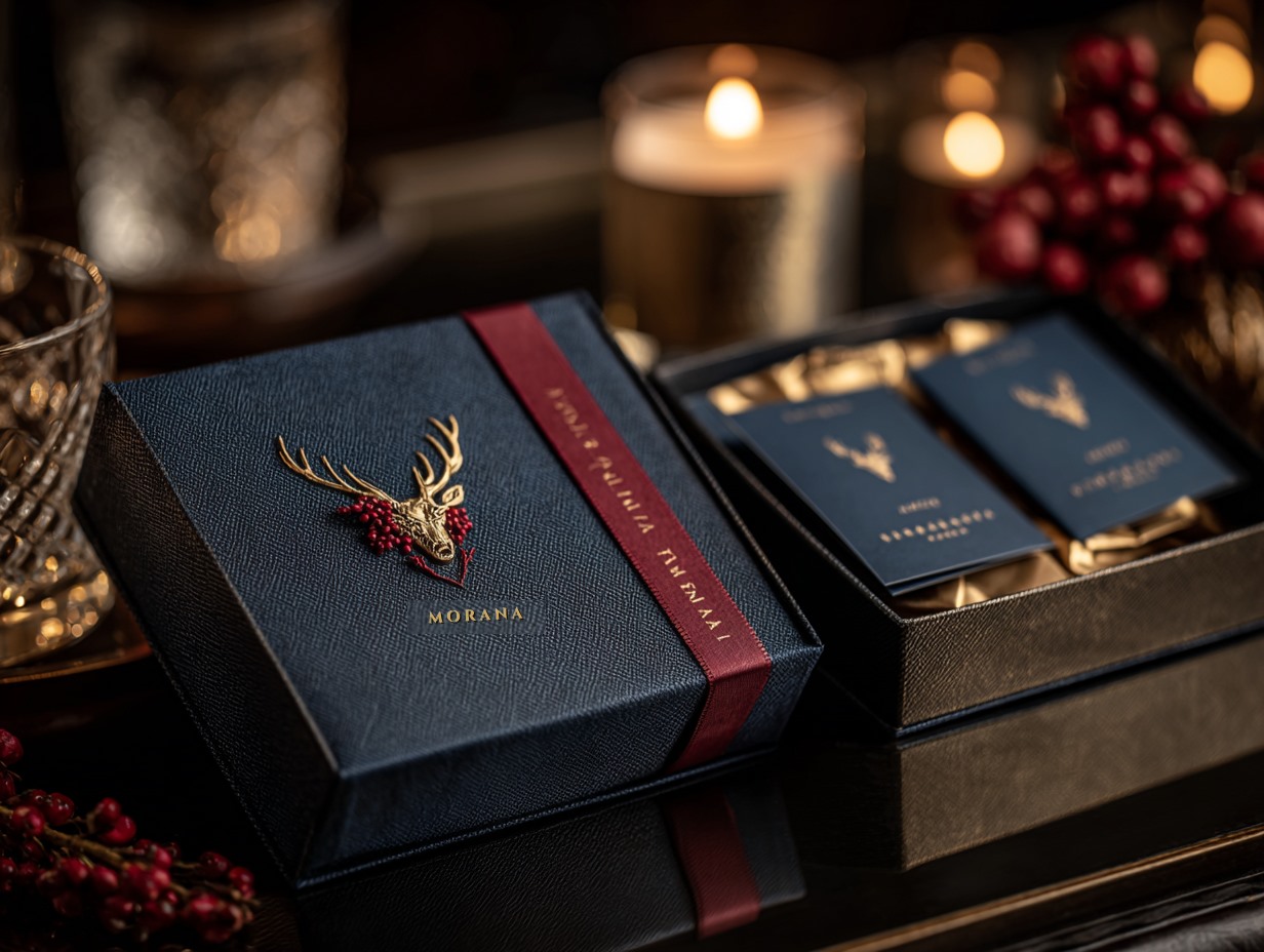 The Koliada Gift Box in midnight navy leatherette with gold foil edges, a gold wax seal wheel and a satin ribbon