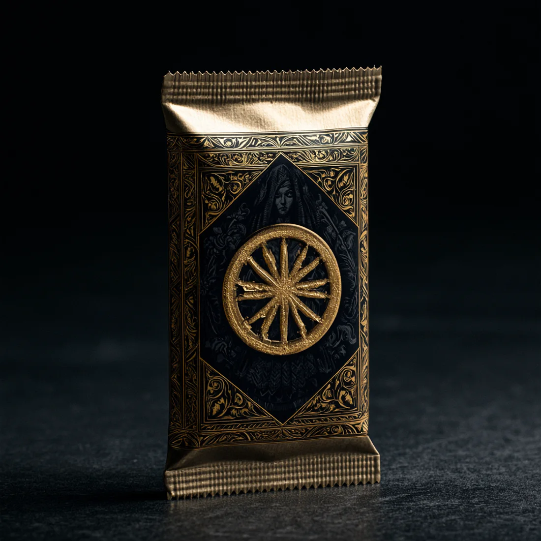 A sealed MORANA foil pack with crimped seals and the gold turning wheel