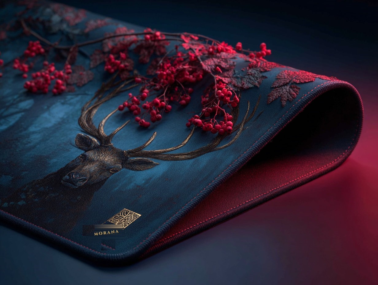 A rolled MORANA neoprene playmat with a gold turning wheel and moonlit birch forest on midnight navy