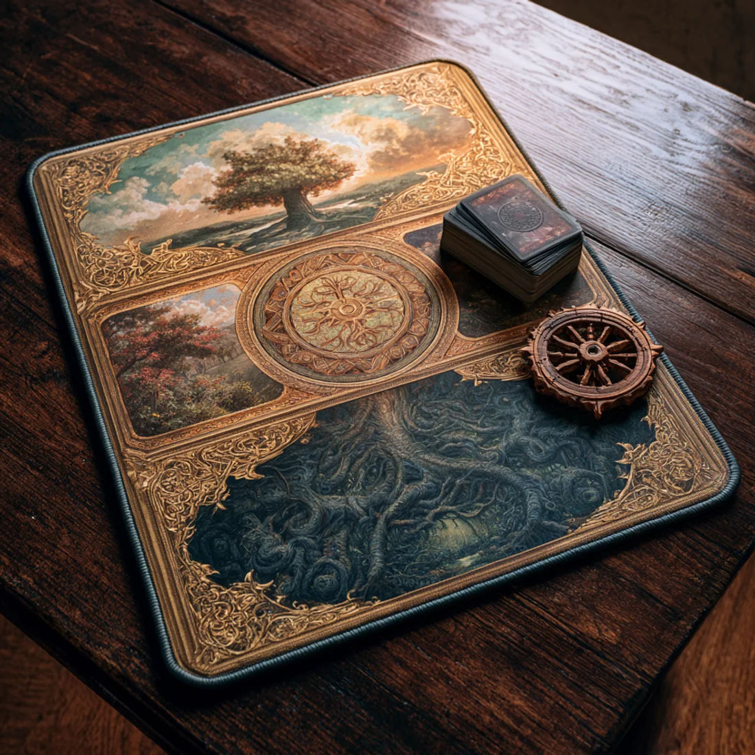 Playmat of the Three Worlds: the world-tree above, the turning wheel between, the roots of Nav below