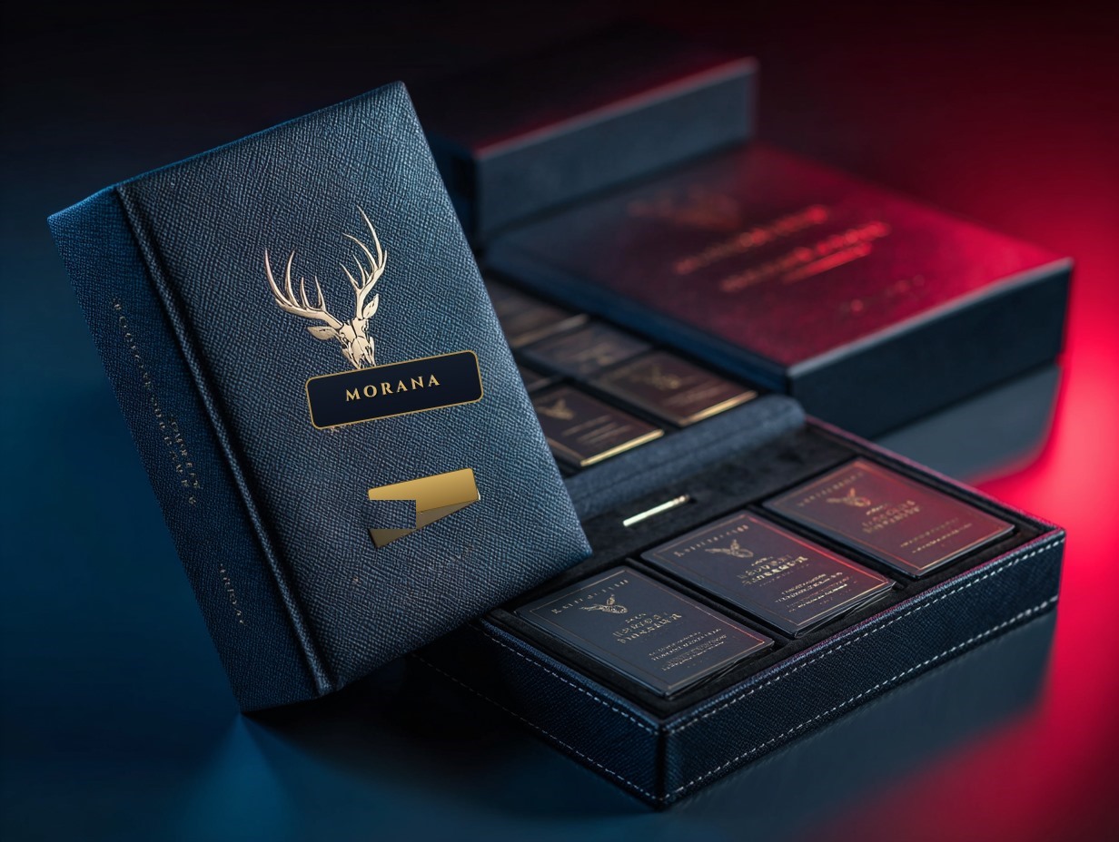 The Reliquary presentation case in navy leatherette, a gold stag on the lid and a MORANA nameplate, foil cards seated in a velvet tray