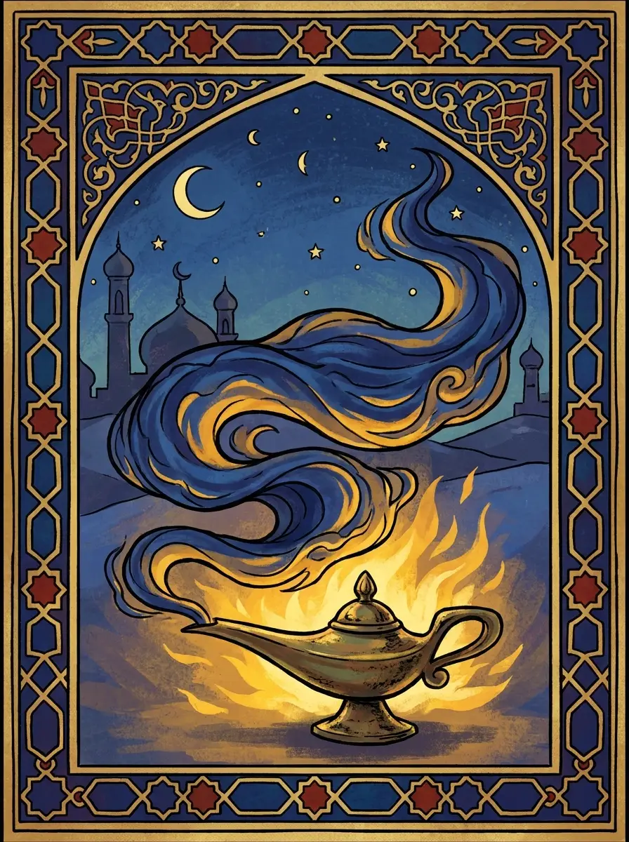 Concept card: the djinn of the lamp, from One Thousand and One Nights