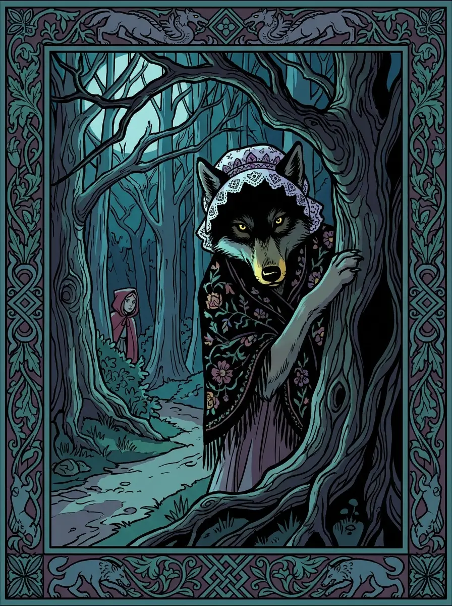 Concept card: the wolf in grandmother's guise, from the Brothers Grimm