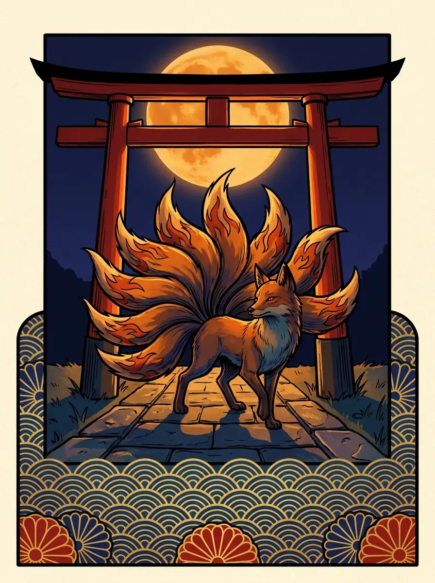 Concept card: the nine-tailed kitsune, from Japanese folklore