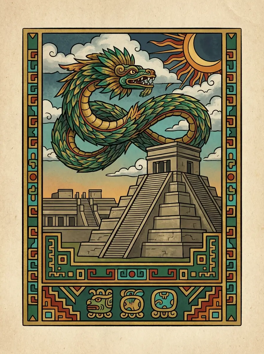Concept card: Quetzalcoatl the feathered serpent, from Mesoamerican myth