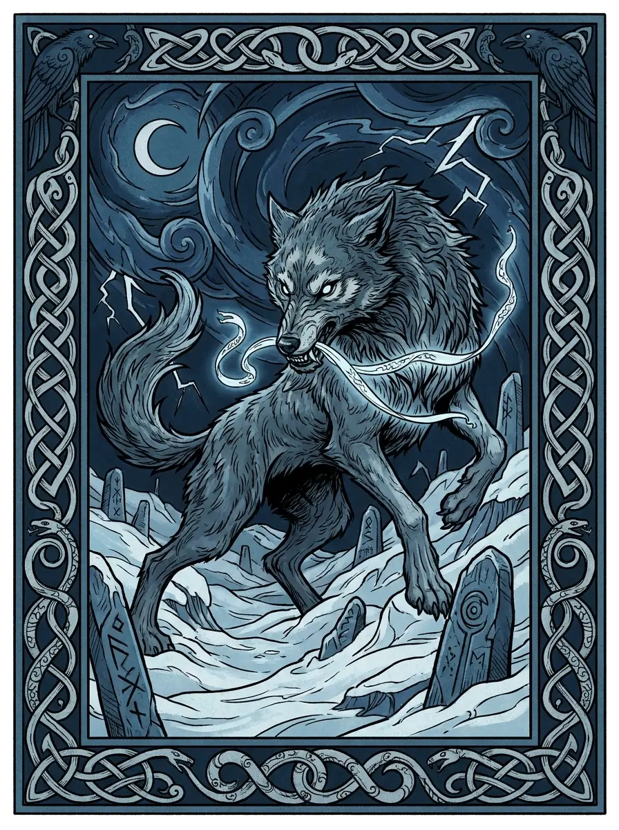 Concept card: Fenrir the fettered wolf, from the Norse Eddas