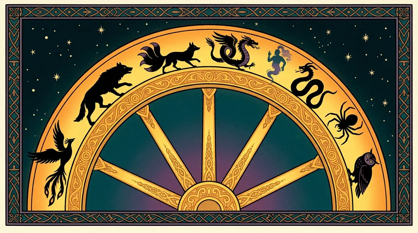 The great wheel of MORANA, world-folklore figures turning on its rim