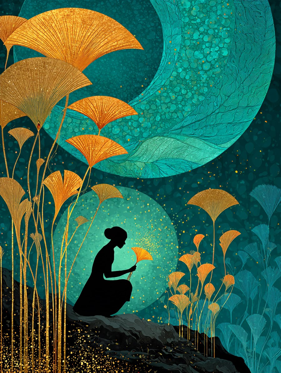 The Fern-Flower: a young woman cupping the single glowing fern-flower that blooms only at Kupala midnight, The Bright Thaw, MORANA