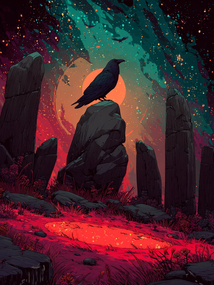 Chernobog's Barrow: a lone raven on a standing stone above an open grave lit blood-red, ringed by menhirs beneath a blood moon